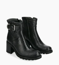 Boot biker à boucle - Justy 70 - Cuir lavé embossé python - Noir