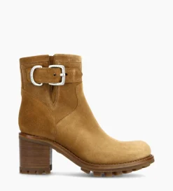 Boot biker à boucle - Justy 70 - Cuir velours - Cigare