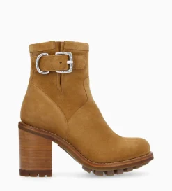 Boot biker à boucle - Justy 90 - Cuir velours - Biscuit