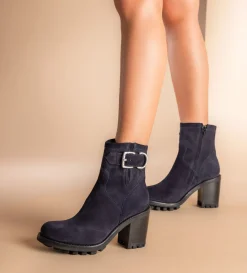 Boot biker à boucle - Justy 90 - Cuir velours - Marine