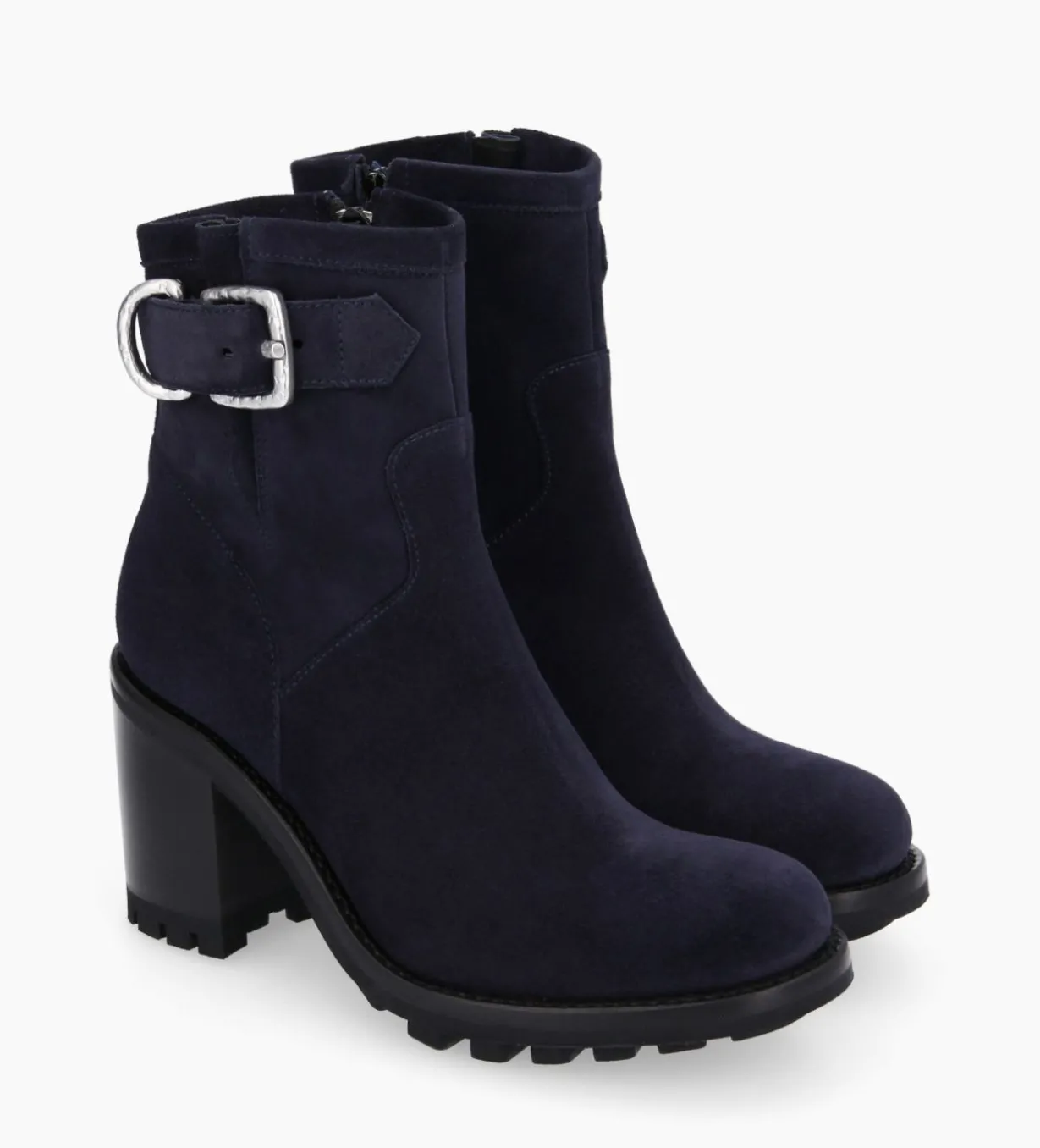 Boot biker à boucle - Justy 90 - Cuir velours - Marine