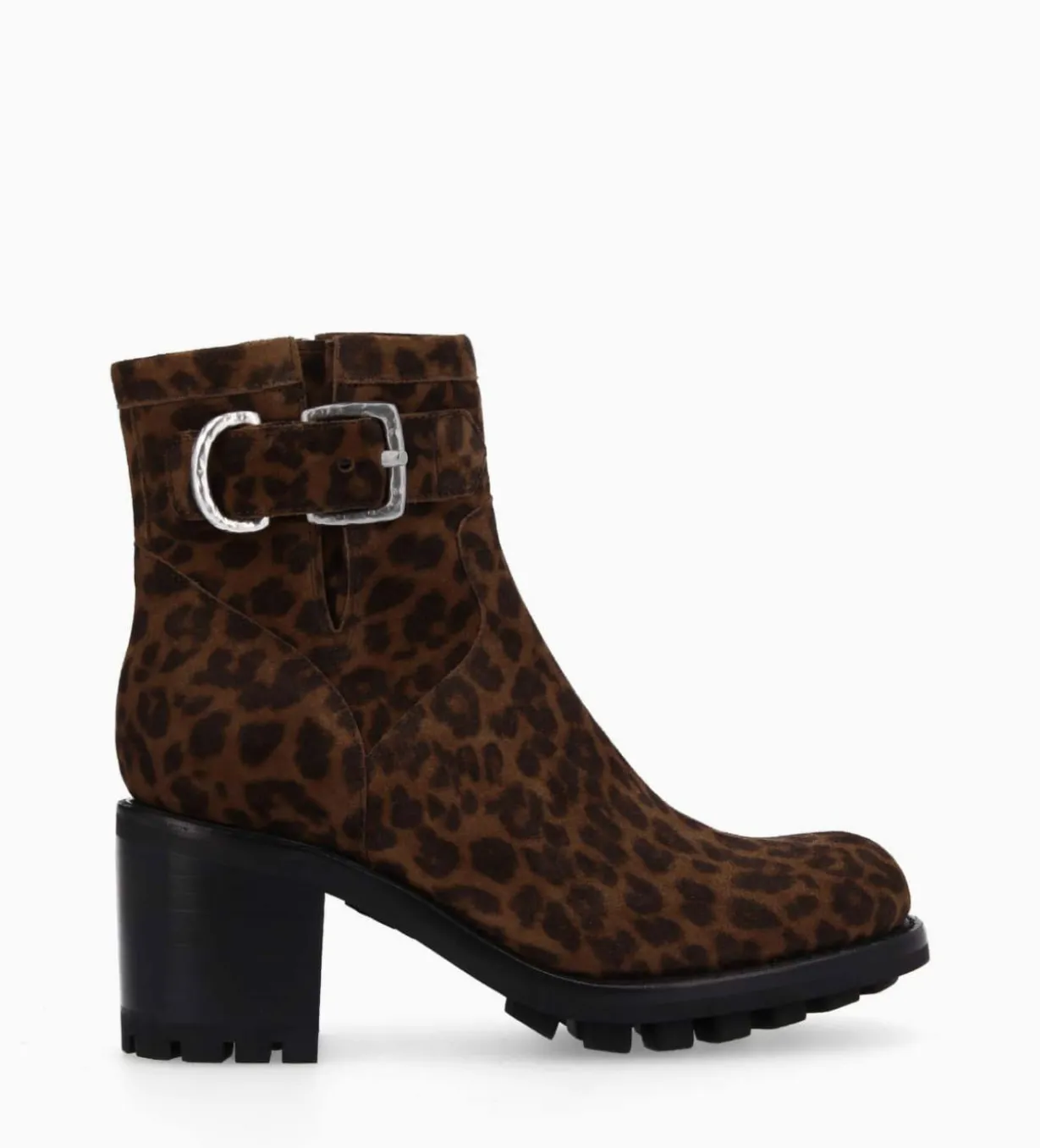 Boot biker à boucle - Justy 70 - Cuir velours - Léopard