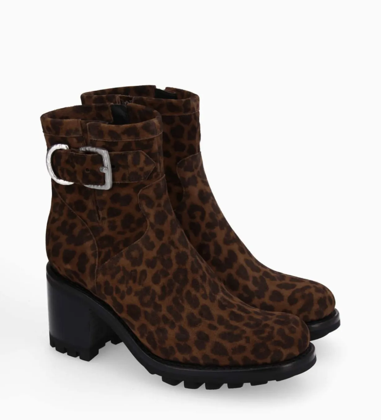 Boot biker à boucle - Justy 70 - Cuir velours - Léopard