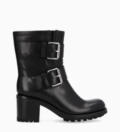 Boot biker à double boucle - Biker 70 - Cuir lisse - Noir