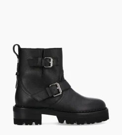 Boot biker à double boucle - Carrie 45 - Cuir grainé - Noir