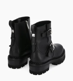 Boot biker à double boucle - Carrie 45 - Cuir grainé - Noir