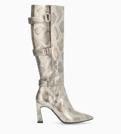 Botte à talon avec boucles - Cathy 85 - Cuir imprimé serpent - Doré