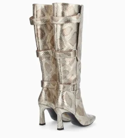 Botte à talon avec boucles - Cathy 85 - Cuir imprimé serpent - Doré