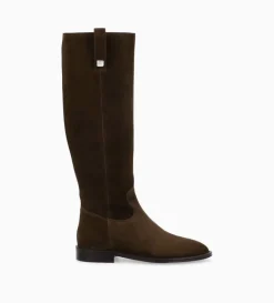 Botte à talon plat - Joan - Cuir velours - Marron foncé