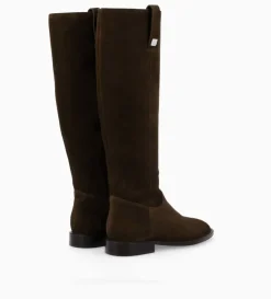 Botte à talon plat - Joan - Cuir velours - Marron foncé