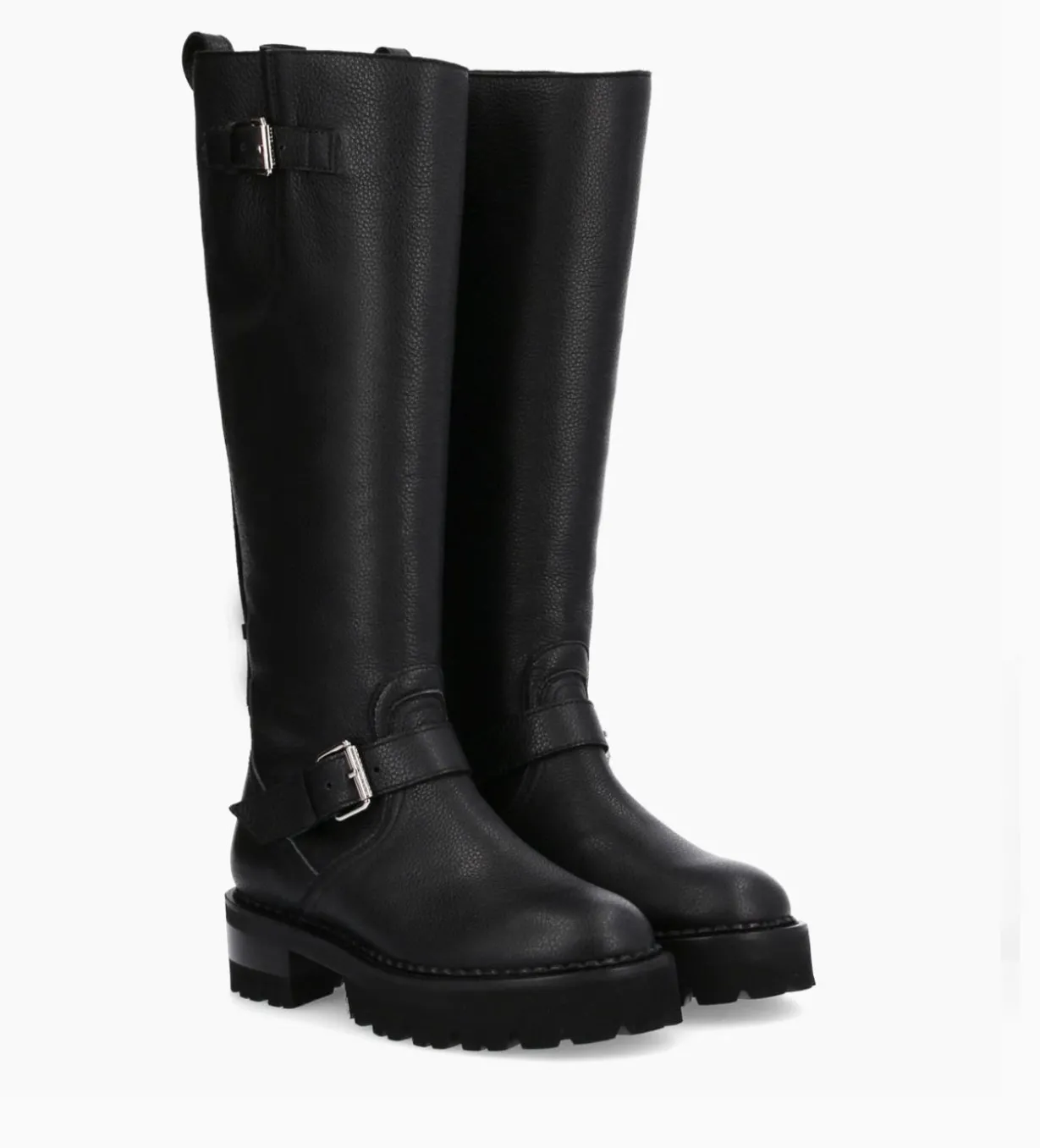 Botte biker à double boucle - Carra 45 - Cuir grainé - Noir