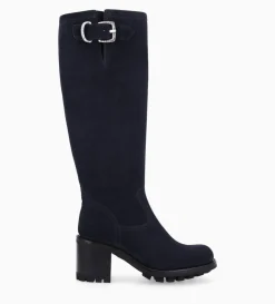 Botte biker zippée à boucle - Justy 70 - Cuir velours - Marine