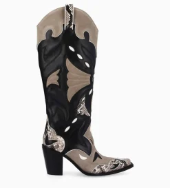 Botte western à talon - Annie 80 - Cuir de veau/Velours/Nappa/Serpent - Noir/Beige/Taupe