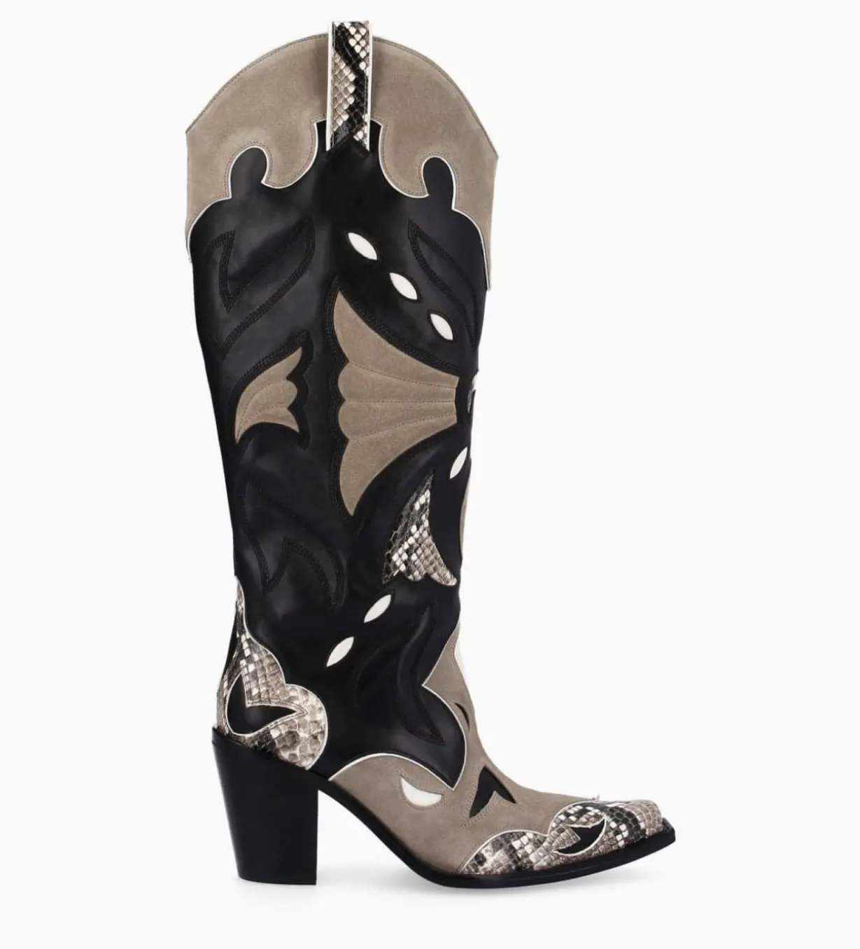 Botte western à talon - Annie 80 - Cuir de veau/Velours/Nappa/Serpent - Noir/Beige/Taupe
