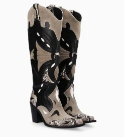 Botte western à talon - Annie 80 - Cuir de veau/Velours/Nappa/Serpent - Noir/Beige/Taupe