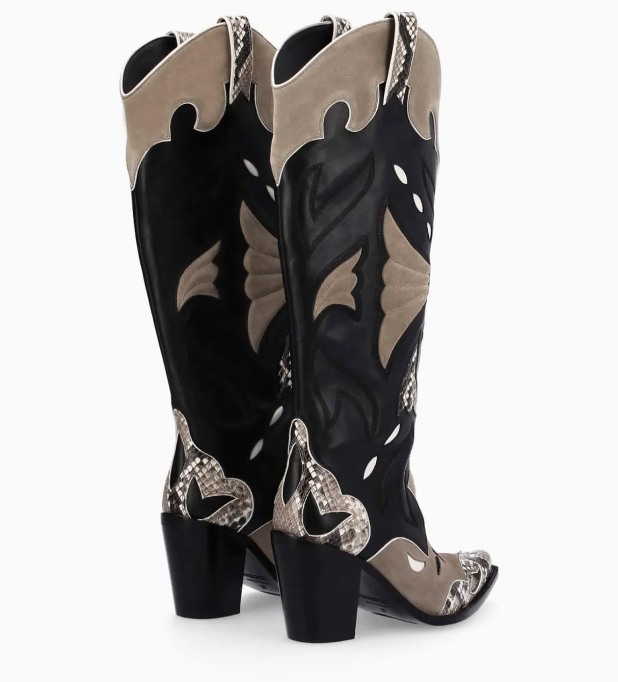 Botte western à talon - Annie 80 - Cuir de veau/Velours/Nappa/Serpent - Noir/Beige/Taupe