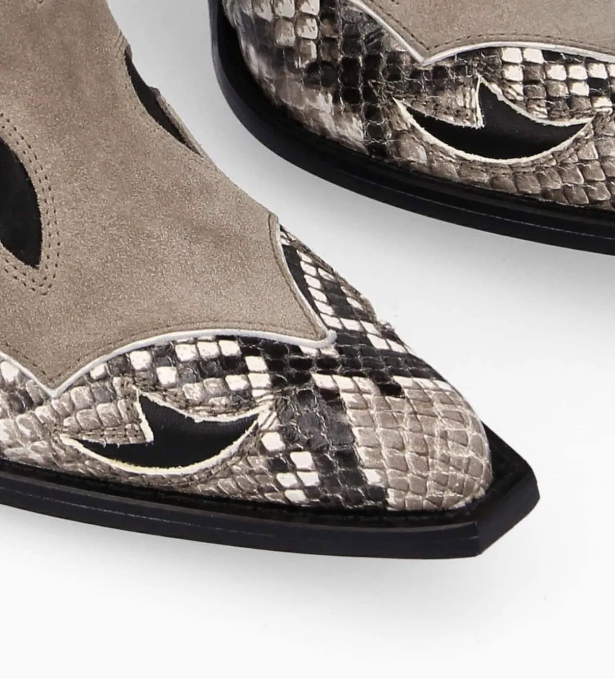 Botte western à talon - Annie 80 - Cuir de veau/Velours/Nappa/Serpent - Noir/Beige/Taupe
