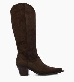 Botte western brodée à talon - Ruby 50 - Cuir velours - Marron foncé