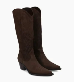 Botte western brodée à talon - Ruby 50 - Cuir velours - Marron foncé