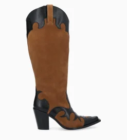 Botte western brodée à talon - Terry 80 - Cuir velours/Cuir imprimé lézard - Noir/Brun