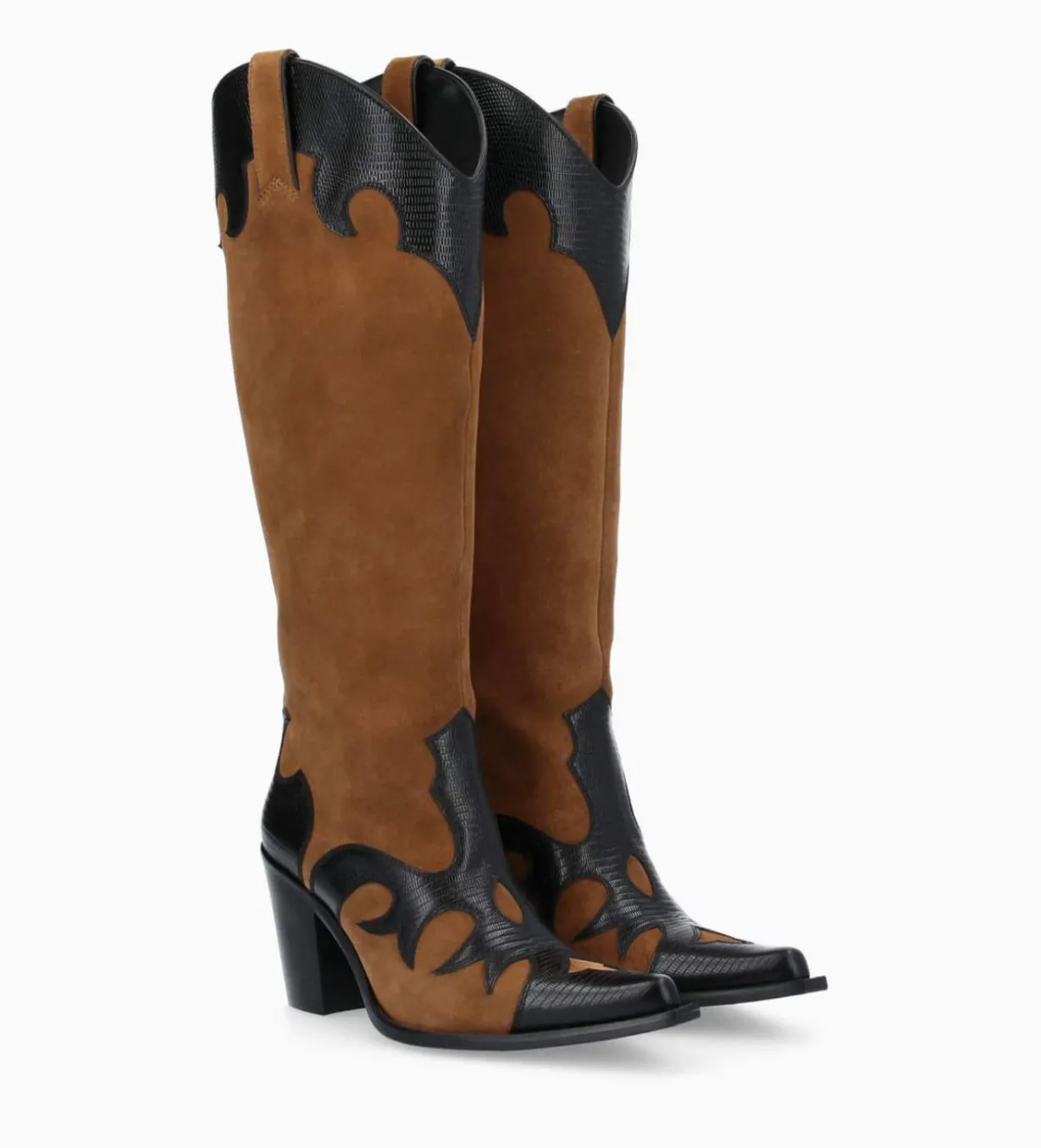 Botte western brodée à talon - Terry 80 - Cuir velours/Cuir imprimé lézard - Noir/Brun