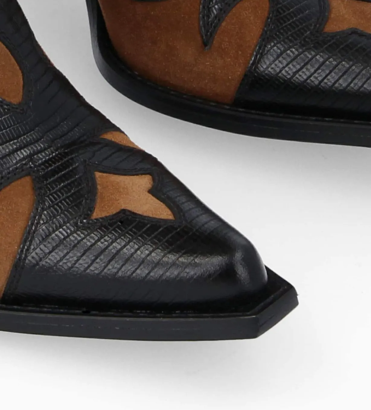 Botte western brodée à talon - Terry 80 - Cuir velours/Cuir imprimé lézard - Noir/Brun