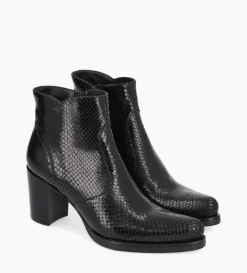 Bottine à talon à zip - Paddy 70 - Cuir imprimé serpent - Noir