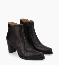Bottine à talon à zip - Paddy 70 - Cuir imprimé serpent - Café