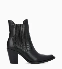 Bottine chelsea à talon - Sandy 80 - Cuir imprimé crocodile/Cuir lisse brillant - Noir