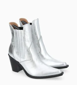Bottine chelsea à talon - Sandy 80 - Cuir imprimé crocodile/Cuir métallisé - Argent