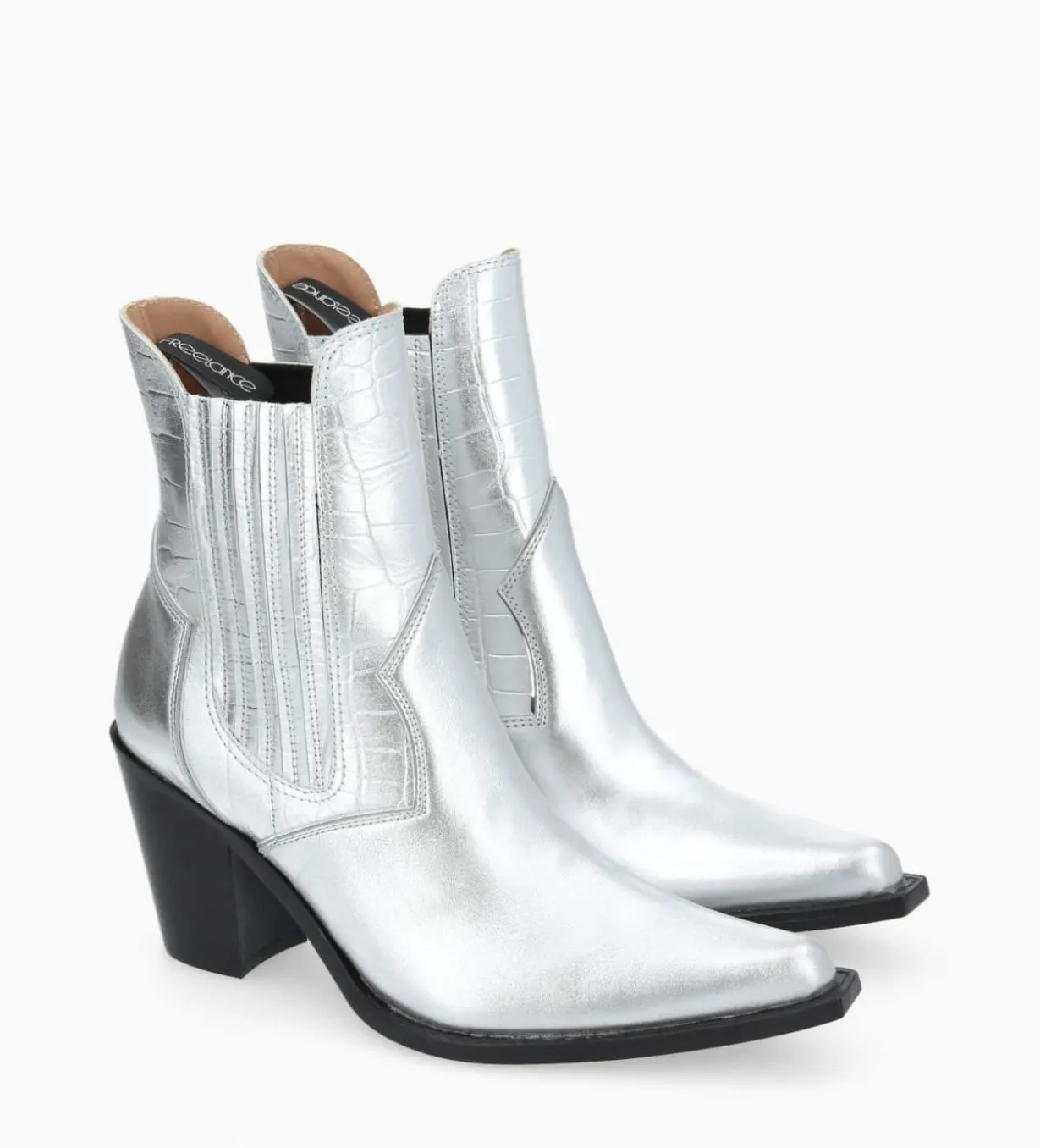Bottine chelsea à talon - Sandy 80 - Cuir imprimé crocodile/Cuir métallisé - Argent