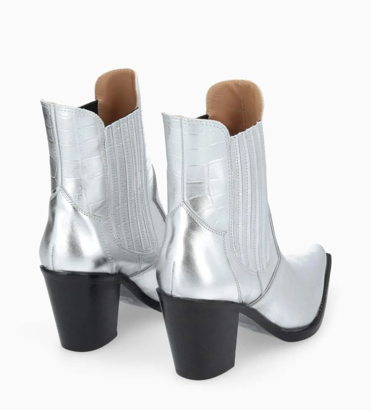 Bottine chelsea à talon - Sandy 80 - Cuir imprimé crocodile/Cuir métallisé - Argent