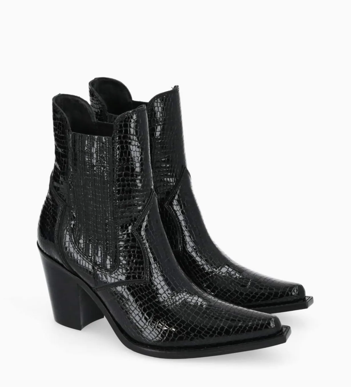 Bottine chelsea à talon - Sandy 80 - Cuir imprimé serpent verni - Noir