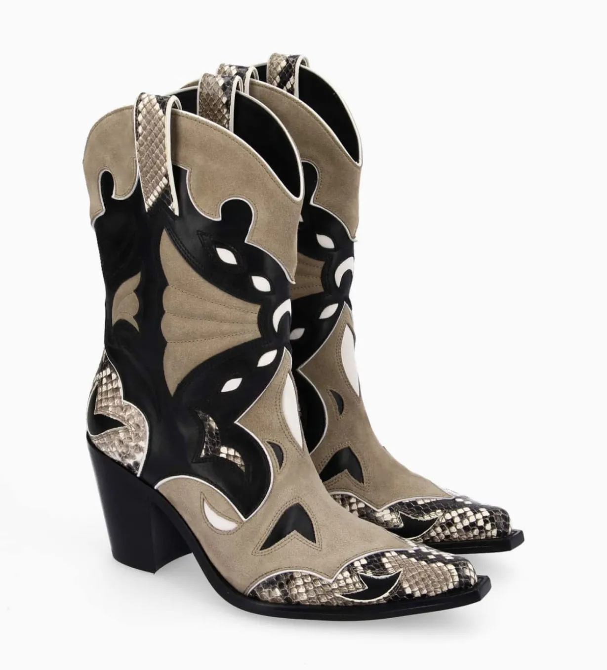 Bottine western à talon - Andrea 80 - Cuir de veau/Velours/Nappa/Serpent - Noir/Beige/Taupe