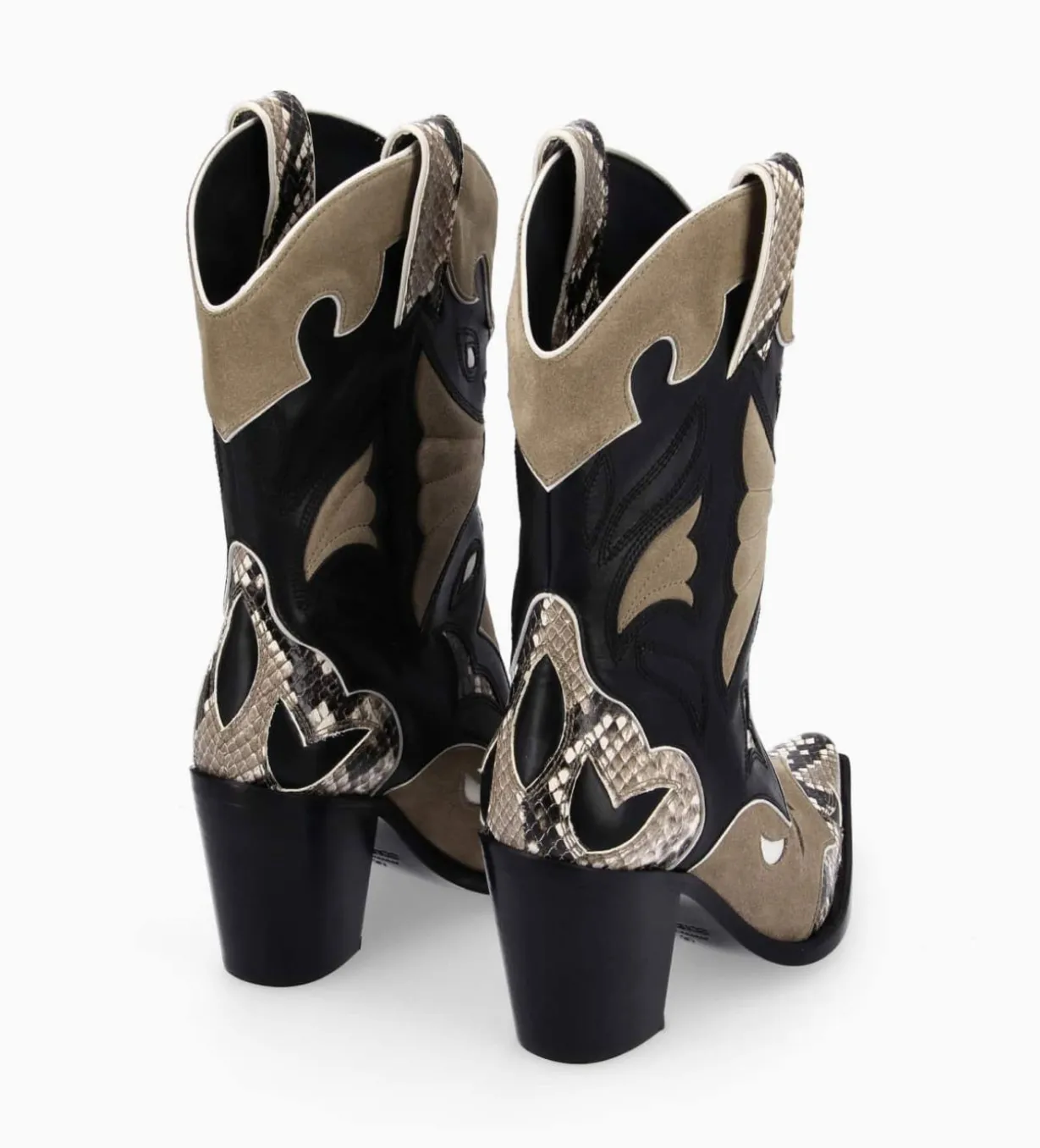 Bottine western à talon - Andrea 80 - Cuir de veau/Velours/Nappa/Serpent - Noir/Beige/Taupe