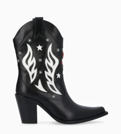 Bottine western à talon brodée - Tippi 80 - Cuir de veau lisse brillant - Noir/Beige