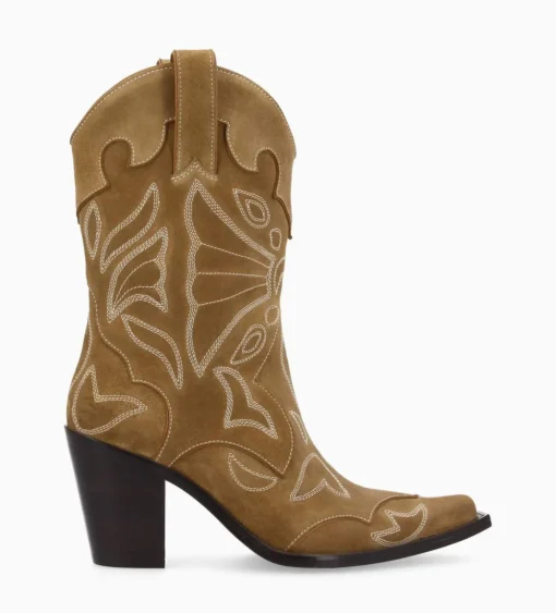 Bottine western brodée à talon - Andrea 80 - Cuir velours - Sienna