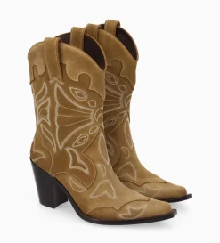 Bottine western brodée à talon - Andrea 80 - Cuir velours - Sienna