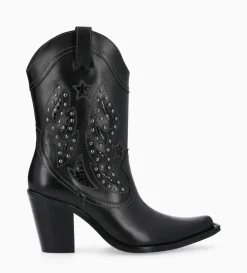 Bottine western brodée à talon avec clous - Tippi 80 - Cuir de veau lisse/Cuir imprimé serpent - Noir