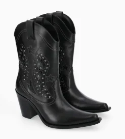 Bottine western brodée à talon avec clous - Tippi 80 - Cuir de veau lisse/Cuir imprimé serpent - Noir
