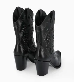 Bottine western brodée à talon avec clous - Tippi 80 - Cuir de veau lisse/Cuir imprimé serpent - Noir