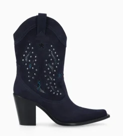 Bottine western brodée à talon avec clous - Tippi 80 - Cuir velours/Cuir imprimé serpent - Marine