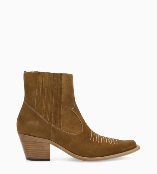 Bottine western chelsea brodée à talon - Simone 50 - Cuir velours - Sienna