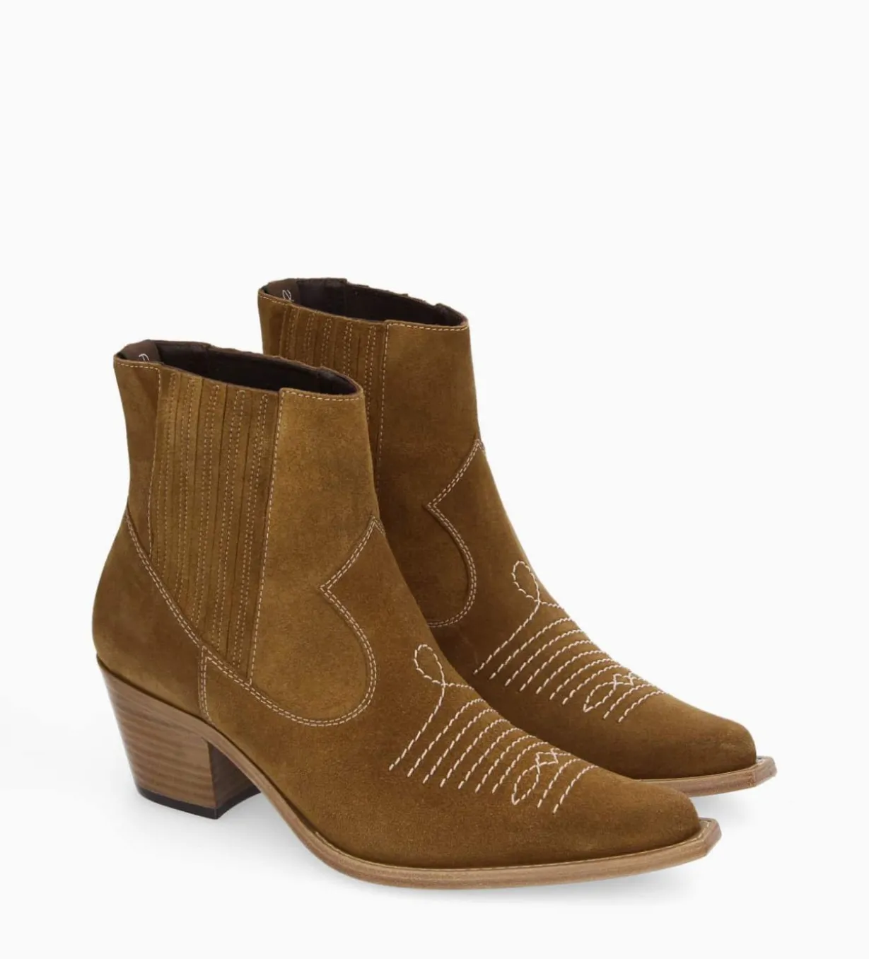 Bottine western chelsea brodée à talon - Simone 50 - Cuir velours - Sienna