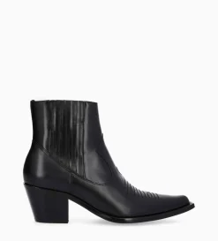 Bottine western chelsea brodée à talon - Simone 50 - Cuir de veau lisse brillant - Noir