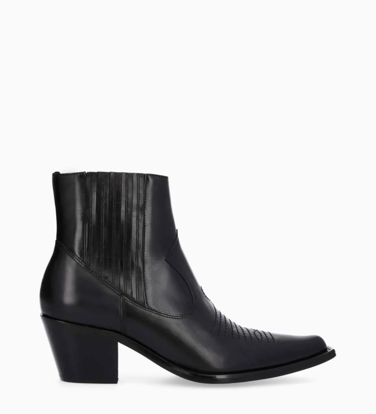Bottine western chelsea brodée à talon - Simone 50 - Cuir de veau lisse brillant - Noir