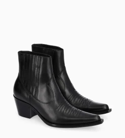 Bottine western chelsea brodée à talon - Simone 50 - Cuir de veau lisse brillant - Noir