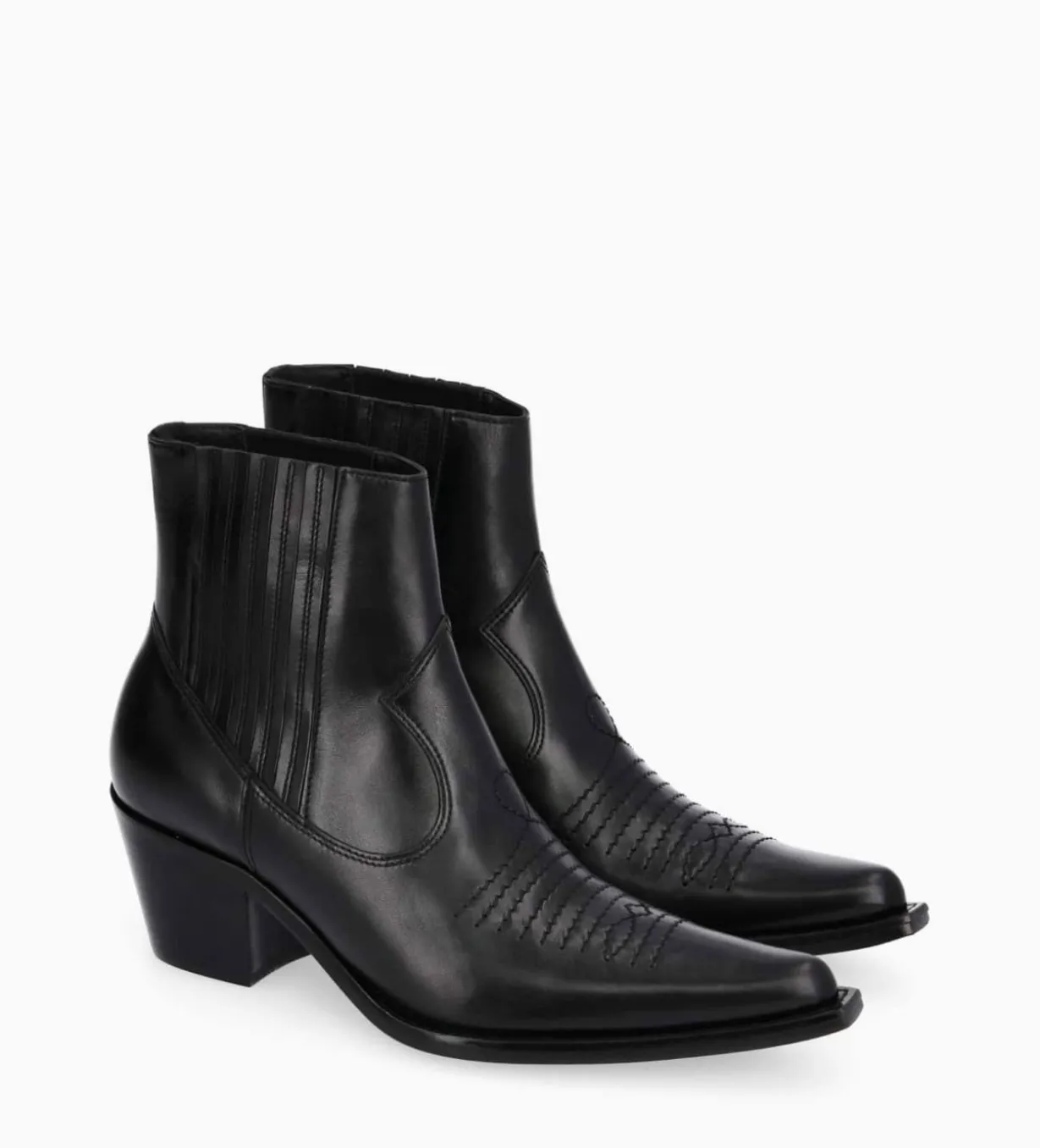 Bottine western chelsea brodée à talon - Simone 50 - Cuir de veau lisse brillant - Noir