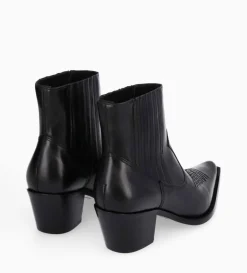 Bottine western chelsea brodée à talon - Simone 50 - Cuir de veau lisse brillant - Noir