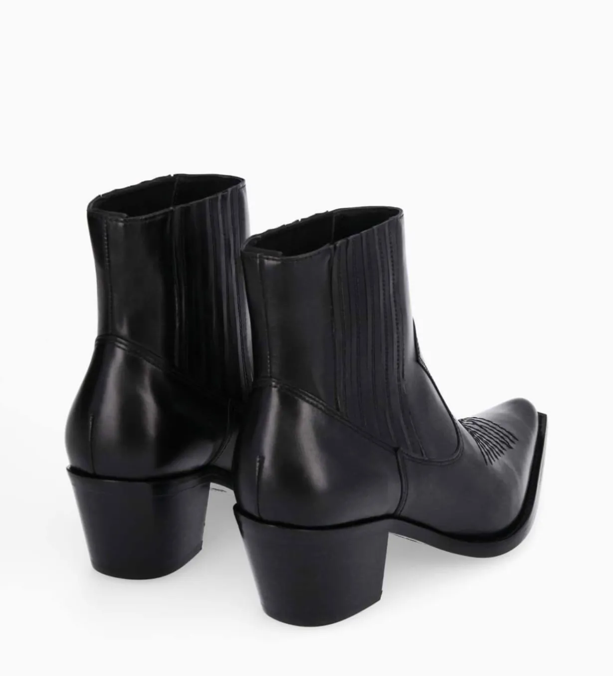 Bottine western chelsea brodée à talon - Simone 50 - Cuir de veau lisse brillant - Noir